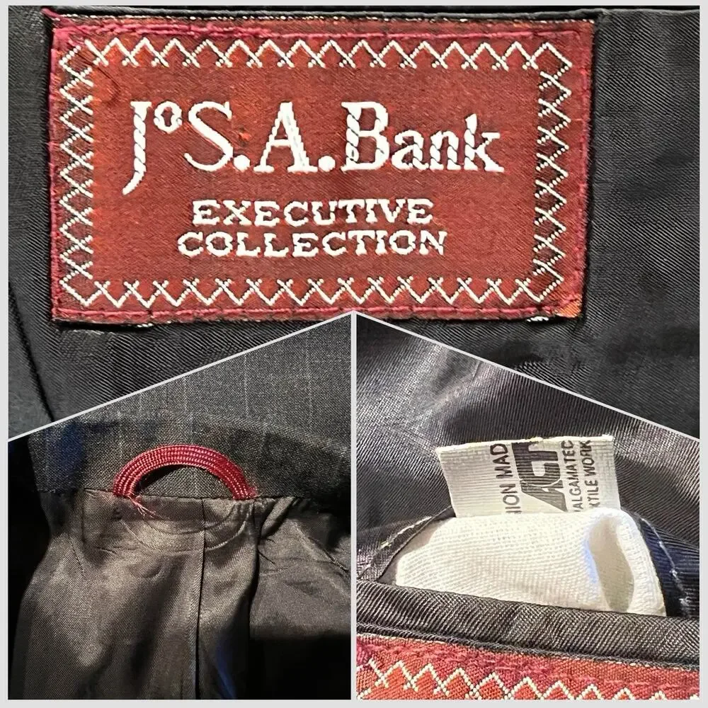 Vintage Jos A Bank Executive Collection Mens 44L 38x31 Gray Suit Banker's Stripe